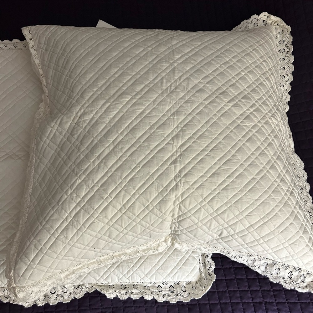Set/2 quilted Eurosham pillow covers with lace edges